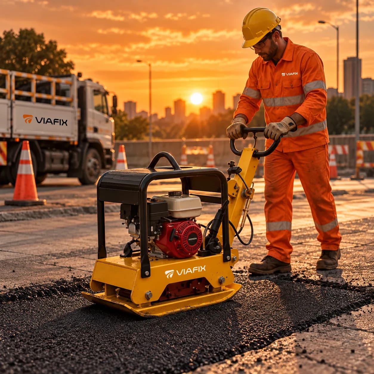 Operario compactando una reparación con una plancha compactadora Viafix