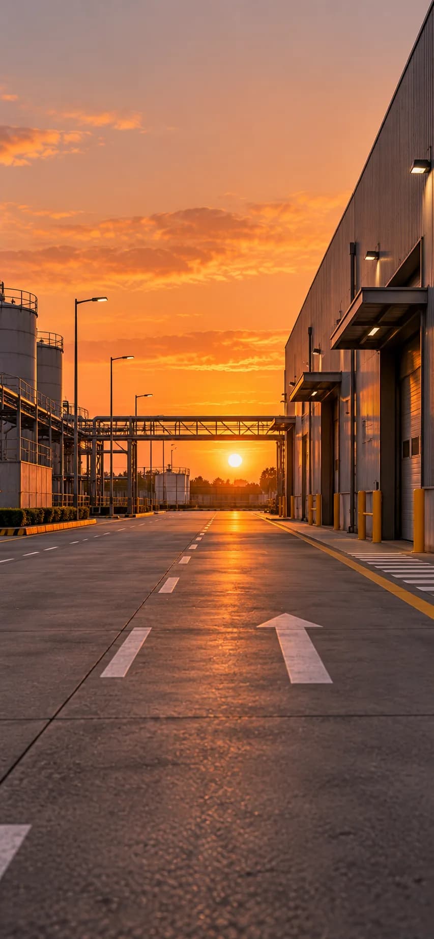 Calle de circulación asfaltada en una zona industrial