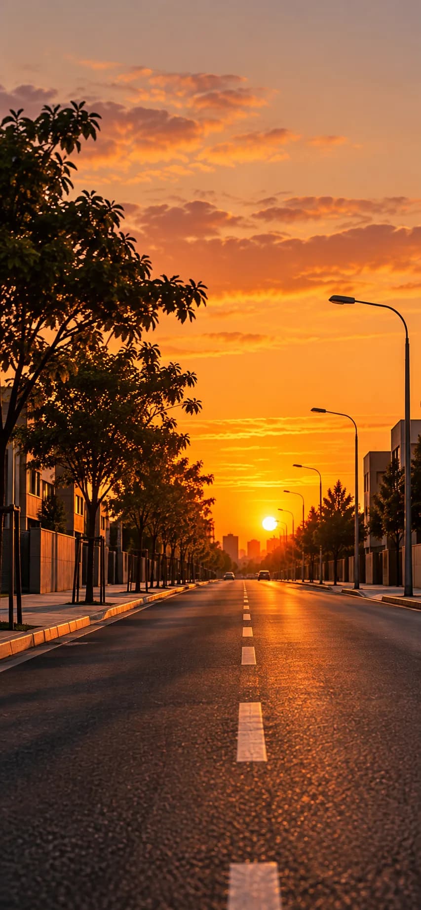 Avenida asfaltada con árboles al atardecer