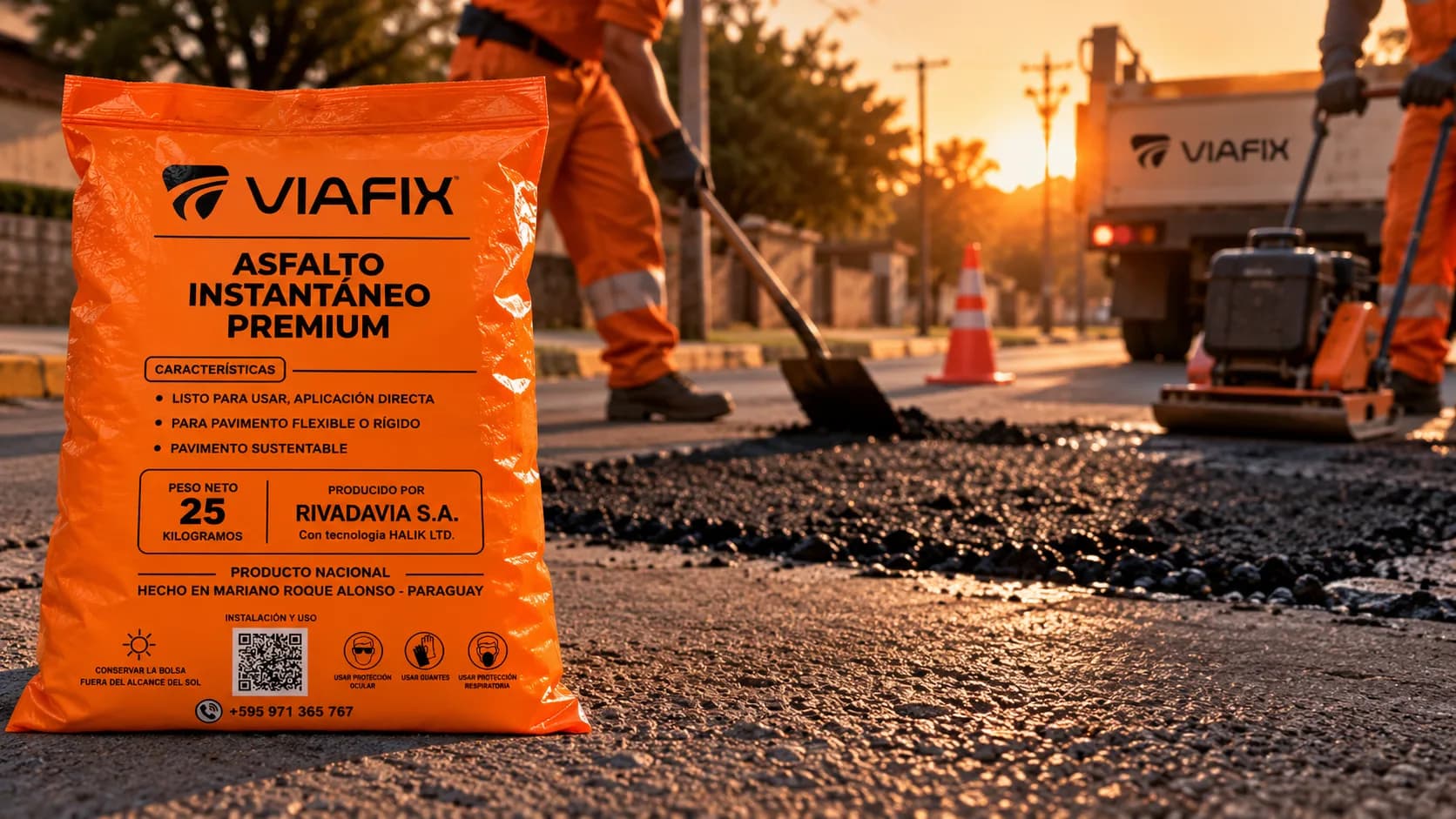 Bolsa de Viafix sobre una calle mientras operarios trabajan en una reparación