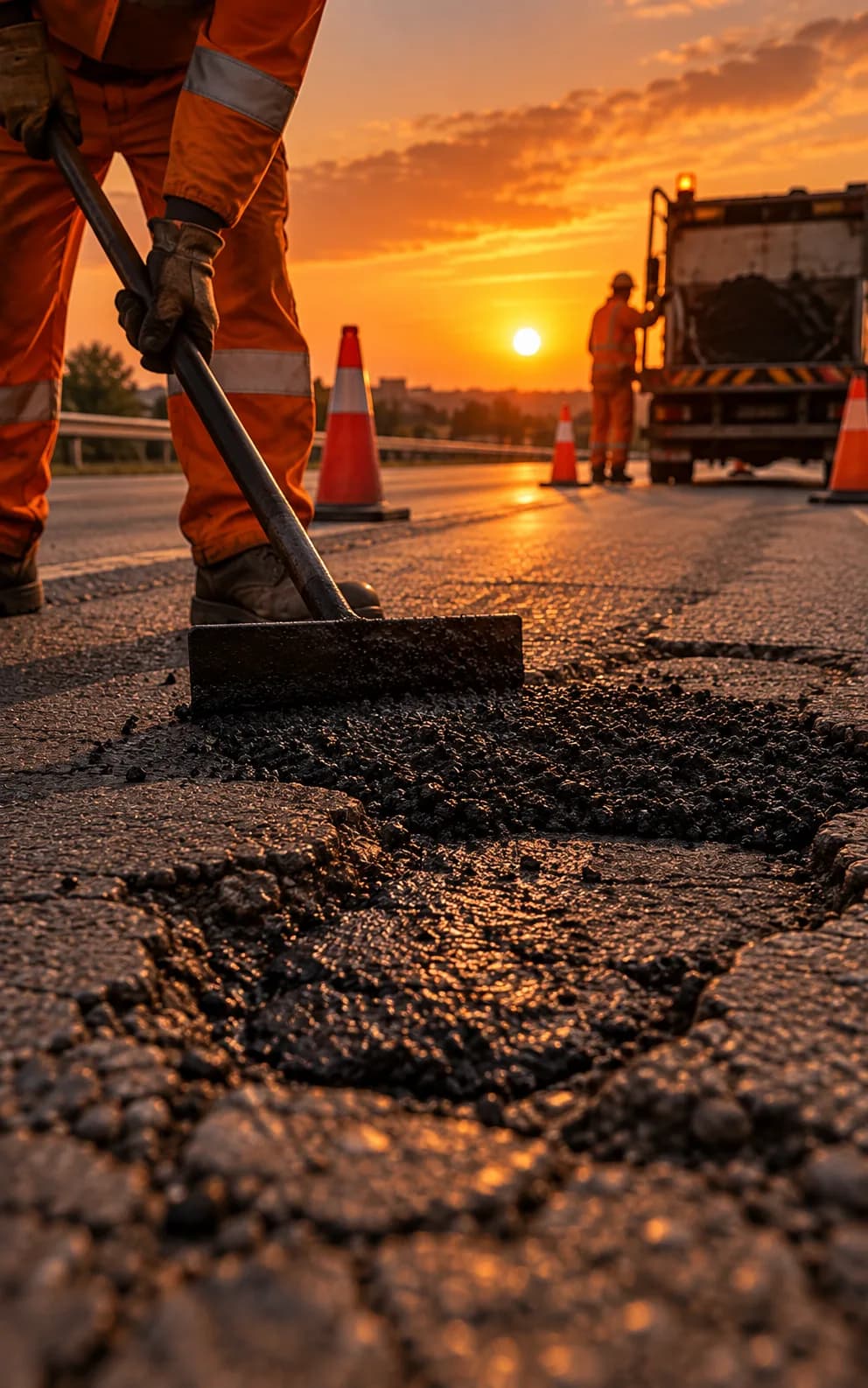 Operario rellenando un bache con mezcla asfáltica