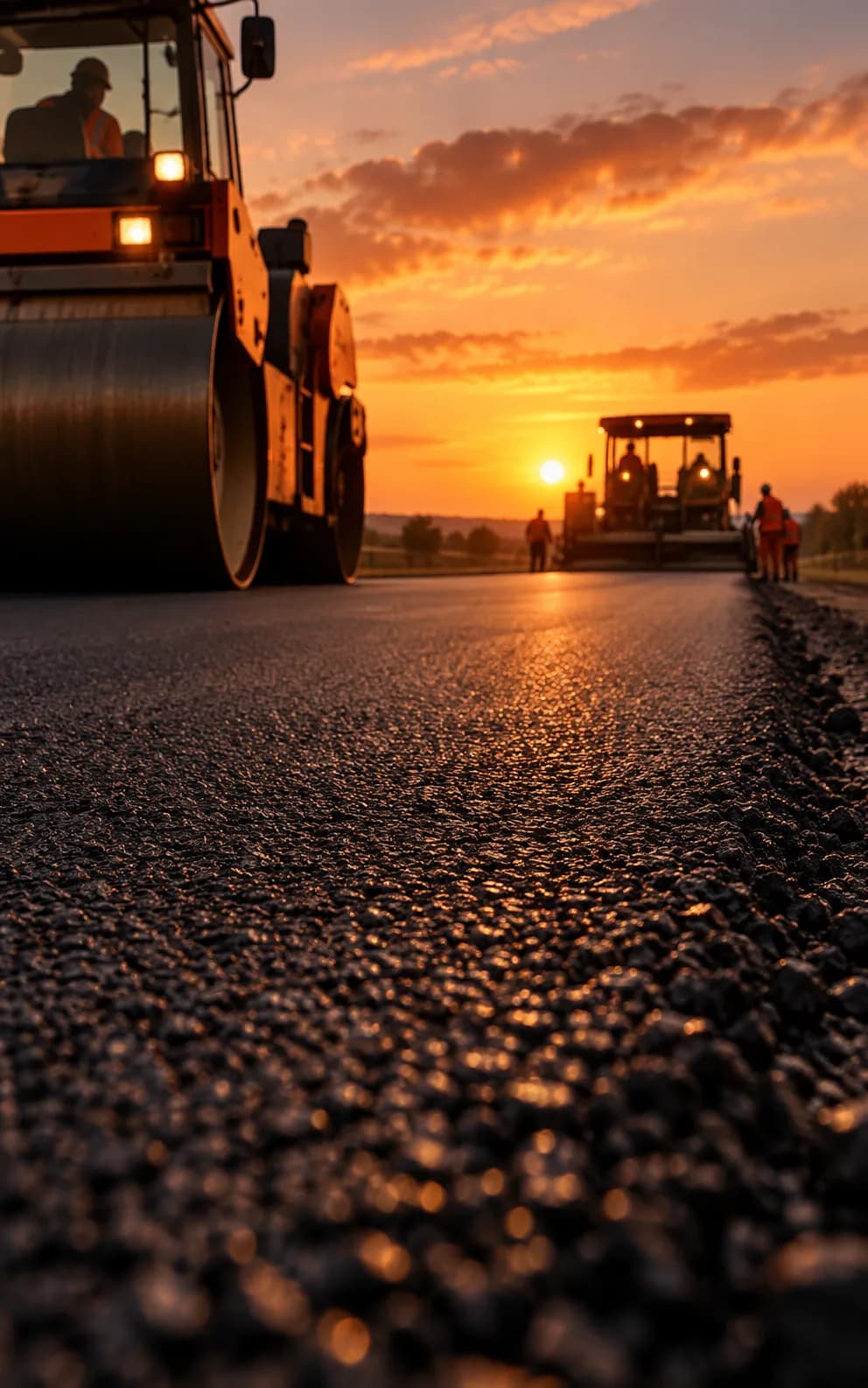 Rodillo compactando pavimento asfáltico al atardecer